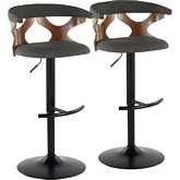 Gardenia Adjustable Swivel Bar Stool in Black Metal, Walnut Wood & Charcoal Fabric (Set of 2)